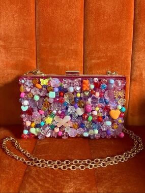 Beaded Multicolor Acrylic Crossbody Clutch - Pink